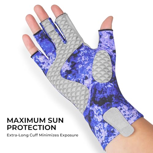 KastKing La Sal Fishing Gloves UPF50+ Sun Gloves UV Protection Fingerless Gloves Men Women for Outdoor, Kayaking, Rowing, Paddling, Canoeing, Hunting - color: E: Boulder Camo Royale, size: Large-X-Large