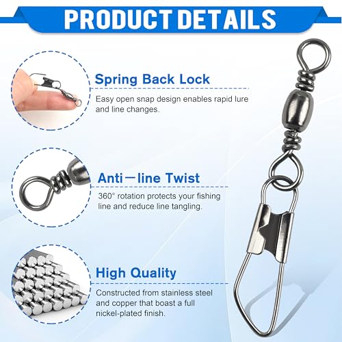 SILANON Fishing Barrel Swivels Snaps, Barrel Swivel with Safety Snap Stainless Steel Brass Swivels Fishing Tackle Line Connector High Strength Solid Rings for Saltwater Freshwater - size: 10#-20lb-120pcs