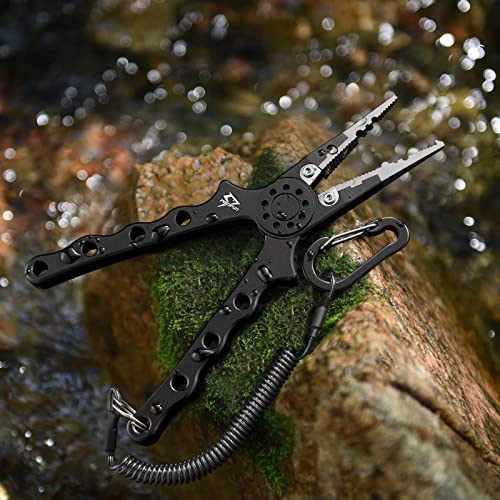Piscifun Saltwater Fishing Pliers, Aluminum, Split Ring, Braid Cutter | Hook remover, tungsten carbide blade, spring-loaded jaws, ergonomic grip, sheath and lanyard - color: Black, style: Nylon Sheath