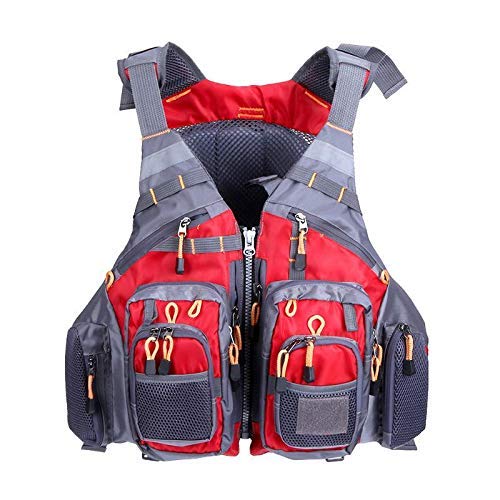 JKSPORTS Fly Fishing Vest - Fishing Safety Life Jacket for Swimming, Sailing, Boating, Kayak - Floating Multifunction Breathable Backpack for Men and Women - Adjustable, Grey/Green/Red/Blue - color: Red, size: with foam