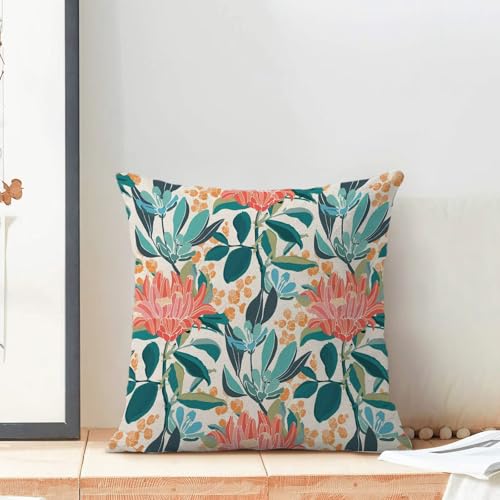 AEIOAE Floral Pillow Covers 16 x 16 Inch Set of 2, Green Coral Orange Flower Leaves Print Decorative Outdoor Throw Pillow Covers Linen Farmhouse Teal Blue Pillowcase for Couch Home Sofa Decor - color: Outdoor Floral1, size: 16" x 16" (Pack of 1)