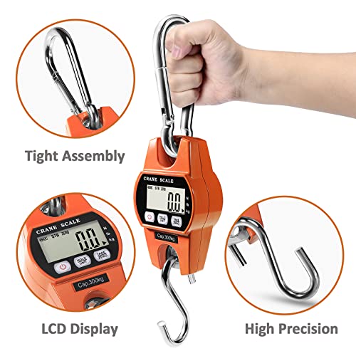 GRAM PRES Digital Hanging Scale 660 Lb 300 Kg Hanging Digital Scale, Handheld Mini Crane Scale with Hooks for Farm Hunting Fishing Outdoor - color: Orange