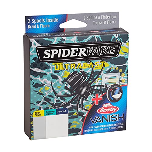 SpiderWire Ultracast Braid Vanish Fluorocarbon Dual Spool, 15lb Aqua Camo Braid with 30lb Clear Fluoro Leader, 164yd | 150m