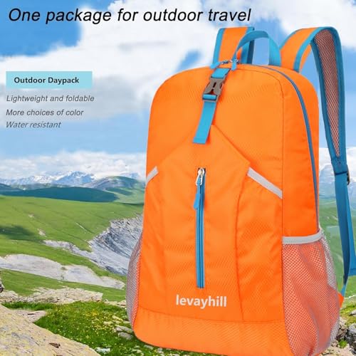levayhill 25L Foldable Hiking Backpack,Small Packable Daypack, Orange | Lightweight Collapsible Bag,Water Repellent Travel Basic-Daypack,Men Women Camping Cycling Rucksack Outdoor Back Pack - color: Orange