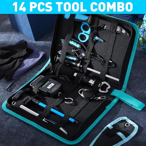 RoundFunny 14 Pcs Fishing Tool Kit, Fillet Knife, Fishing Pliers with Lanyard, Digital Scale, Lip Gripper, Hook Remover Fish Scaler Braid Scissors Gloves Sharpening Rod Retractor Towel Bag - color: Blue, style: A