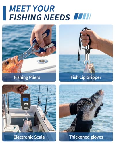 Fishing Tool Kit - Fishing Pliers, Hook Remover, Fish Gripper，Fish Scale, Fish Knife, Saltwater Fishing Gear with Sharpeners, Best Gifts for Men - color: Blue with Scale