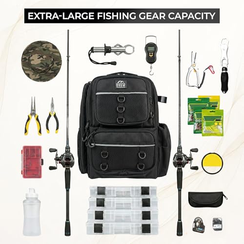 Fishing Backpack with Rod Holders and 4 Tackle Boxes, Waterproof Large Tackle Bag with 6 Pockets, Adjustable Dividers, Reinforced Base, Back Pack with Storage Boxes for Fishing Gear