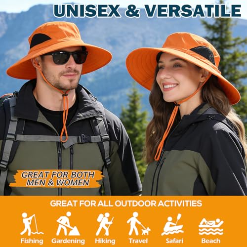Wide Brim Sun Bucket Hat, Waterproof Boonie Hat for Men & Women | UPF 50+ UV Protection, Adjustable Fit, Chin Strap & Sweatband, Foldable Durable for Fishing Hiking Garden Beach - color: 01 Orange