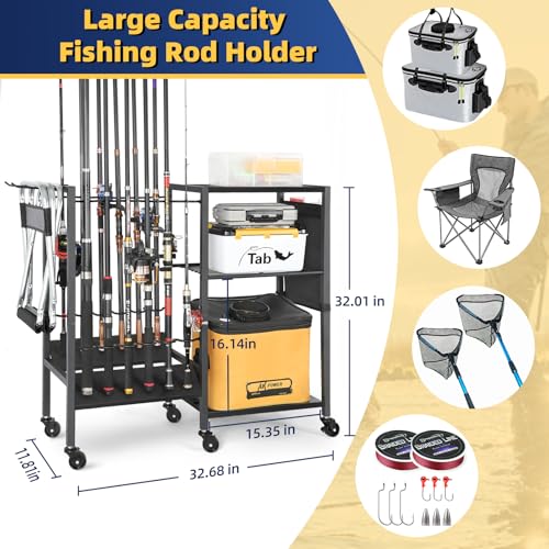 Olakee Fishing Rod Holders, Rolling Fishing Rod Rack for Garage & Boat, Tackle Box & Reel Holder Cart, Easy Assembly Fishing Gear Management System, Ideal Birthday Gift for Men Dad Anglers - color: 12 Rod,Black