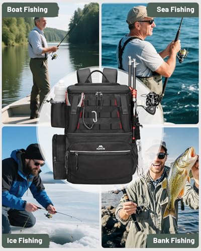 MATEIN Fishing Backpack with 4 Tackle Boxes, Fishing Bag with Rod Holder & Safety Compass & Cooler, Gifts for Fishermen - color: Black