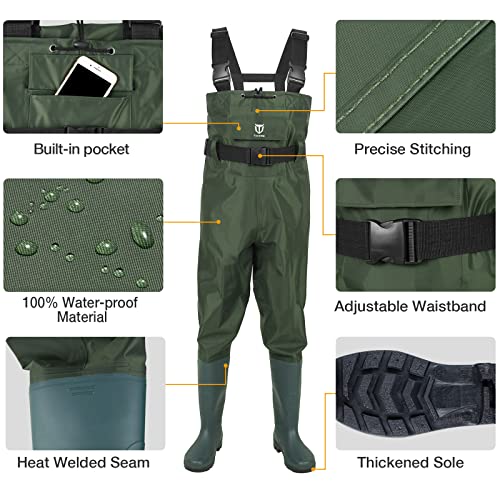 TIDEWE Bootfoot Chest Wader, 2-Ply Nylon/PVC Waterproof Fishing Hunting Waders with Boot Hanger for Men Women Green Brown - color: Green, size: M10/W12