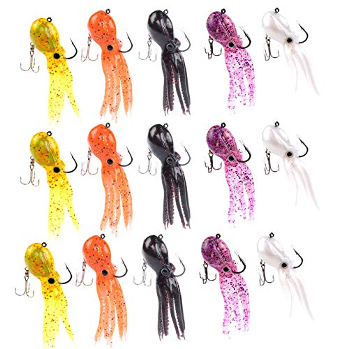 Artificial Octopus Swimbait, Skirt Tail Lure | 3.54/7.87/9.45in, jig head sinking trolling bait. Lingcod, bass, rockfish, saltwater. - color: 5 Colors-3.54inch/0.81oz-15pcs