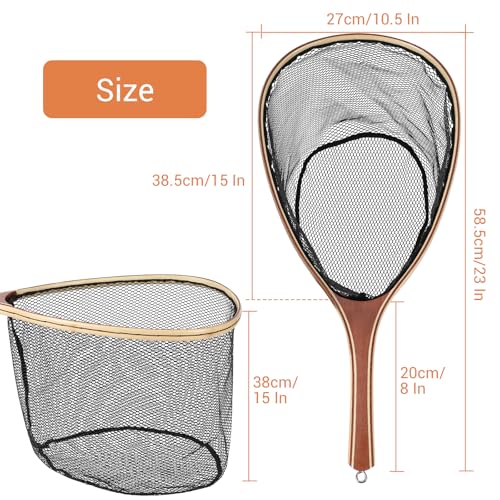 25.5in Fly Fishing Net, Trout Net with Wooden Handle, Soft Rubber Catch and Release Landing Net, Lightweight Fish Net with Safety Lanyard for Stream Creek River Fishing