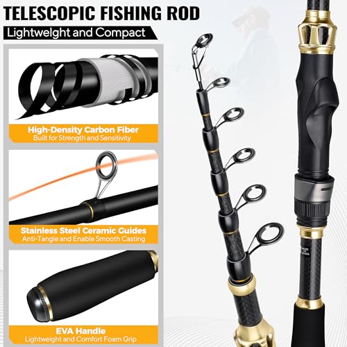 PLUSINNO Fishing Rod and Reel Combo, Telescopic Fishing Pole Kit with Spinning Reel, Tackle Box, Fishing Lures and Travel Carrying Bag, Fishing Gear Gifts for Men - color: 2pack Full Kit with Carrier Case, size: 2.1M 6.89FT