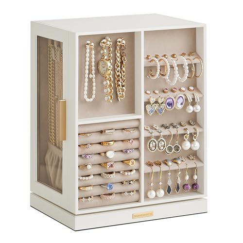 SONGMICS GISELLA Collection - Jewelry Box Organizer 360° Rotating, Vertical Jewelry Storage Case with 5 Drawers, Glass Window, Spacious, Open Design, Great Gift, Cloud White UJBC170W01 - color: Cloud White, size: 5 Drawers (6.3"d X 8.7"w X 11.2"h)