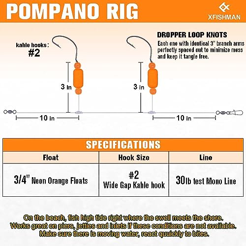Pompano-Rigs-for-Surf-Fishing-Saltwater-Gear with Double Circle & Wide Gap Hook-6-Pack Surf Fishing Tackle - color: Neon Orange 6-Pack, size: #2 Wide Gap Hook