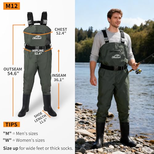 Fishing Waders for Men & Women, Waterproof 2-Ply Nylon/PVC Chest Wader with Boots for Outdoor Sizes 4-13 Bootfoot - color: Green, size: US-M12