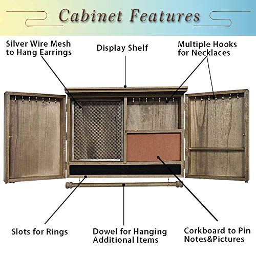 Rustic Wall Mounted Jewelry Organizer,Vintage Wooden Hanging Jewelry Holder Box with Barndoor Decor for Necklaces, Earings, Bracelets, Rings, Accessories. Includes Hook Organizer - color: NATURAL