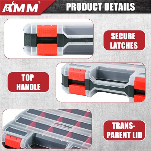 AMM Tool Box, Double Side Tool Box Organizer with 34 Compartments, Removable Dividers, Tackle Box Small Parts Screw Hardware Organizer for Screws, Nuts, Nails and Bolts (2 Piece, Red) (Pack of 2) - size: 2PC (Pack of 2)