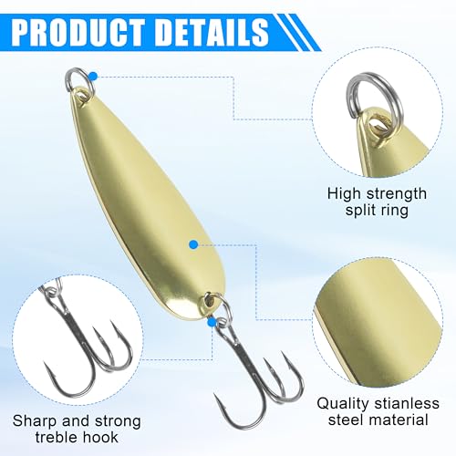Fishing Spoons Metal Fishing Lures Kit, 5pcs Gold Metal Jigging Trout Lures Casting Trolling Spoon with with Treble Hooks for Trout Bass Pike Walleye Crappie Bass Salmon - size: 1/2oz