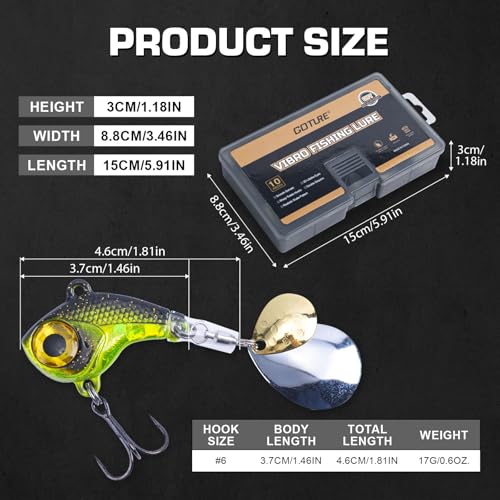 Goture Fishing Lures VIB Tail Spinners Bait Set, Two-Way Spinning Spoon System with Kona Treble Hook, Fixed Tube Anti-Tangle, 3D Eyes Sinking Lures with Tackle Box, Fishing Jigs Fishing Spinner Blade - color: 1/2 oz - 10 Pcs with Box 2.0