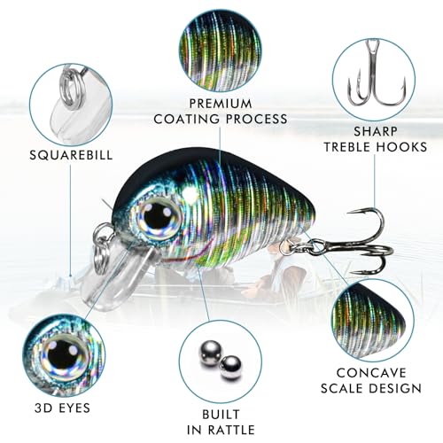 TRUSCEND Shallow or Deep Diving Crankbait with BKK Hooks, Wobble Fishing Lures for Bass Trout Crappie Walleye, Sinking Lipless Vibe Crank Bait for Bass Pike, Amazing Swimbait for Family Fishing - color: A4-1"-0.05oz