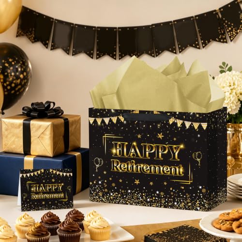 Hooqict Large Retirement Gift Bag Black Gold Happy Retirement Gift Wrap Bag with Handles, Tissue Paper, Greeting Card for Men Women Teacher Office Coworker Farewell Going Away Party Favors - color: Retirement