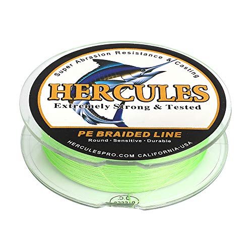 HERCULES Cost-Effective Super Cast 8 Strands Braided Fishing Line 10LB to 300LB Test for Salt-Water,109/328/547/1094 Yards(100M/300M/500M/1000M),Diam.#0.12MM-1.2MM,Hi-Grade Performance,Variety Colors - color: Fluorescent Green, size: 10LB-0.12MM-109YDS(10