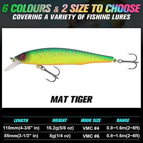 XFISHMAN Jerkbait Kit - Minnow Lure - Suspending - Bass, Smallmouth Bass, Walleye, Largemouth Bass - 1 Piece - color: Mat Tiger, size: 110mm（4-3/8"in）