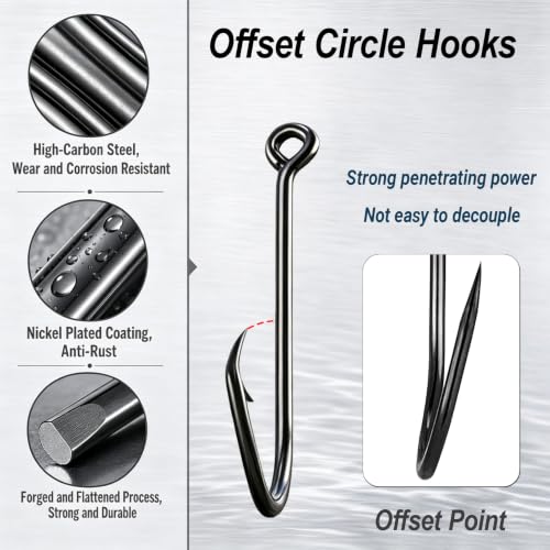 AMYSPORTS Bass Saltwater Offset Circle Hooks Wide Gap | Live Bait Fishing Hooks Catfish Freshwater Carbon Steel Fishing Hook Sharp Barbed - size: Size 2/0 50pcs