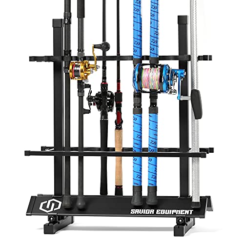 Savior Equipment Fishing Rod Rack Holder Organizer, 24-48 Slots to Hold Fresh Salt Water Spinning Rods & Reel Combo, Lightweight Aluminum Vertical Fish Pole Garage Storage Ground Display Stand - color: Carbon Black, size: 24-Slots