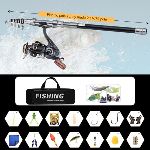 Number-one Telescopic Fishing Rod and Reel Combo Set, 6.9ft Metal Fishing Pole Kit with Line, Lures, Carrier Bag, Spinning Rod Reel Combo