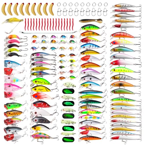 TSKS Fishing Artificial Lures Kit Mixed Including Front Diving Fin Minnow Surface Popper Crank Baits Pencil VIB with Hook and Soft Lures Accessories for Saltwater Freshwater Trout Bass Tackle Gift Set - color: 150pcs