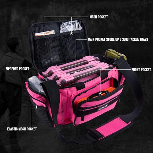 Goture Fishing Tackle Bag with 3 Tackle Boxes, Soft Side 600D Water-Resistant Cross Body Sling Fishing Bag, Small Saltwater Gear Storage Tactical Bags, Gifts for Men/Women (14.96"x9.06"x7.48") - color: A:Pink with 3 Tackle Boxes, size: X-Small