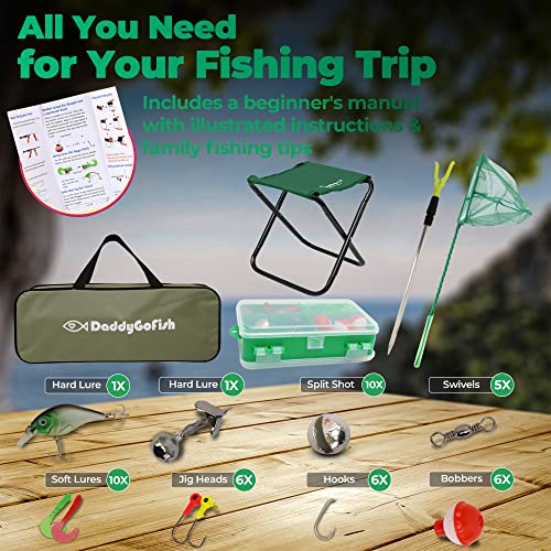 DaddyGoFish Kids Fishing Pole - Rod Reel Combo Tackle Box Starter Set - First Year Small Dock Gear Kit for Boys Girls Toddler Youth Age Beginner Little Children Junior Anglers - color: Green (Complete Set), size: 5ft