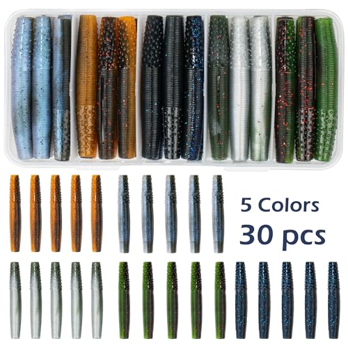 Soft Plastic Worm Fishing Lures Kit, Finesse TRD Stick Worms and Ned Rig Baits with Jig Heads for Bass Fishing, Freshwater Bass Soft Baits - color: Mix Color A - 30pcs Worms, size: 2.75"
