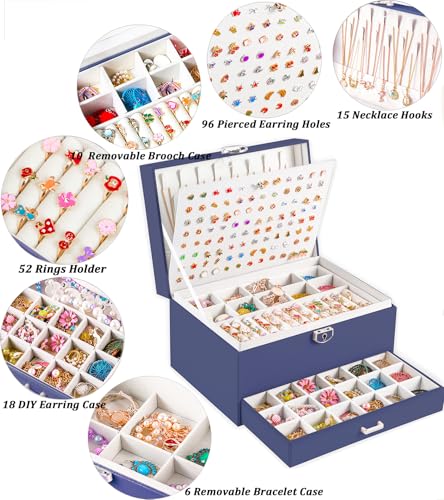 QBestry Earring Jewelry Box for Women Girls Stud Organizers, 5 Layers Navy Jewelry Organizer Box with Lock Necklaces and Earrings Holder Jewelry Box with Earring Organizer for Women Girls Xmas Gifts - color: Navy, size: Large