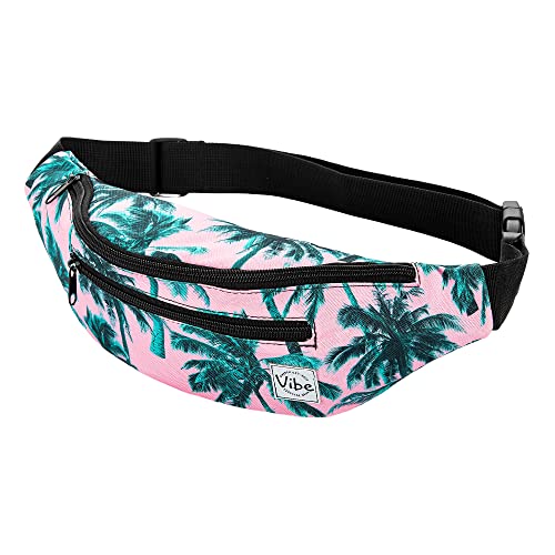 Vibe Festival Gear Rave Fanny Pack for Women Men – Festival, 4 Pockets, Adjustable Strap, Cute Waist Bag, Crossbody Belt Bag, Hiking, Running, Cycling - color: Palm Leaves Pink Tropical, size: Fits Most