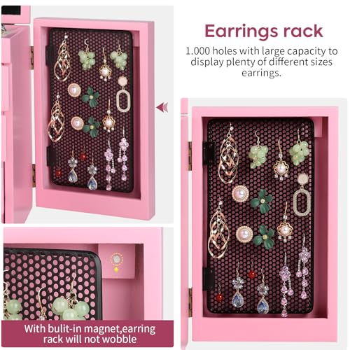Meangood Jewelry Box Wood for Wowen, 5-Layer Large Organizer Box with Mirror & 4 Drawers for Rings, Earrings, Necklaces, Pink - color: 5 Layer Pink, size: 5 Layer