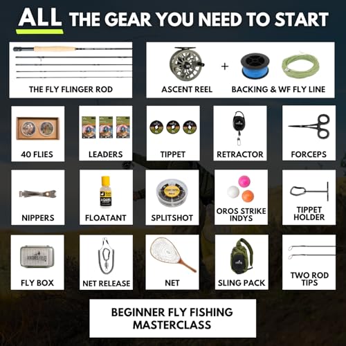 Ventures Fly Co. | Starter Packages | 23 Fly Fishing Accessories Complete Gear Combo | Perfect Beginner Kit | Includes Rod, Reel, Line, Flies, Leader, Tippet, Forceps, Nipper, Floatant & Net