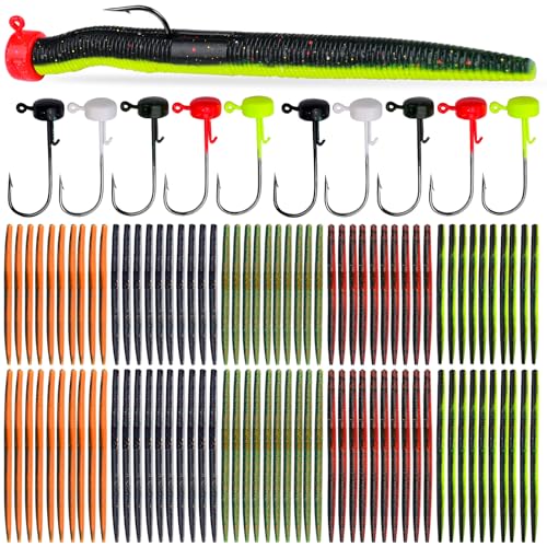 Soft Plastic Worm Bass Fishing Lures, 4"/5" 50/100pcs Plastic Fishing Lure Wacky Worm Rig + 10pcs Grub Baits Hook, Soft Worms Lure Set for Bass (110 Pack) - color: 059-110PCS-4/5 Inch