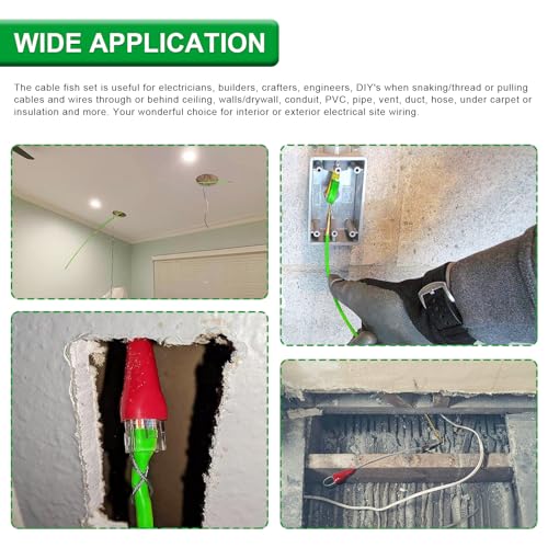 32.5FT Fiberglass Running Electrical Wire Cable Glow Rods Wire Pulling, Fish Tape Set with Accessories, Green