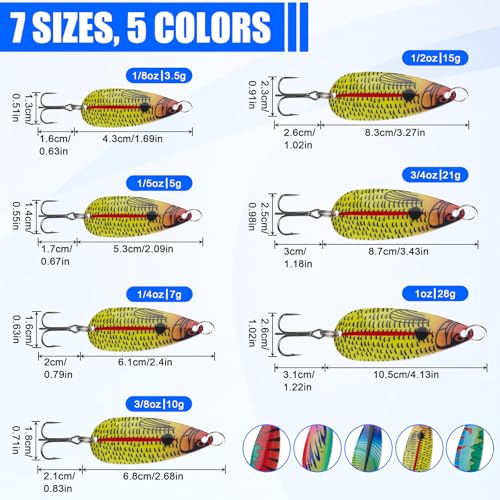 Fishing Spoons Lures 5pcs Saltwater Fishing Lures Trout Spoons, Metal Jig Trolling Jigging Lure Spinner Baits with Treble Hooks for Bass Trout Walleye Salmon - size: 1/4oz-5pcs