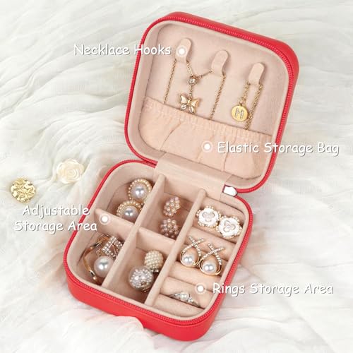 MFXIP Travel Jewelry Case Small Jewelry Box Jewelry Organizer Storage Case Portable PU Leather Mini Jewelry Travel Case for Girls Womens Earring, Necklace, Rings,Bracelets - color: Bordeaux Red