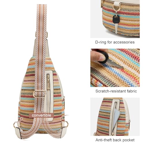 cakang Womens Sling Bag Crossbody Bags for Women Vegan Leather Sling Backpack Daypack Fanny Pack Crossbody Purse Travel - color: 7-rainbow Weaving-white