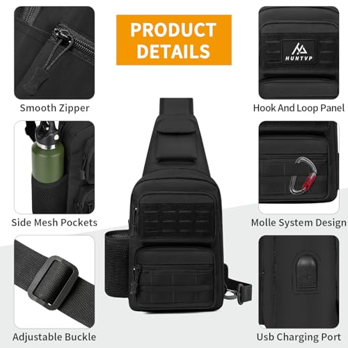 HUNTVP Tactical Sling Bag Crossbody Bag for Men Women EDC Shoulder Bags Molle Sling Backpack Chest Pack for Hiking Hunting Travelling Camping (Type3-Black) - color: Type3-black