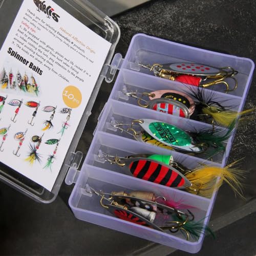 EXAURAFELIS 10/30pcs Fishing Lure Spinnerbait with Feathered Treble Hooks Rooster Tail Fishing Lures Spoon Lures for Bass Salmon Trout Spinner Baits with Tackle Box - color: 10pcs-B