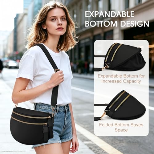Checkered Nylon Crossbody Bag Bum Bag for Women Mom Large Checkered Fanny Packs with Adjustable Strap - color: Black