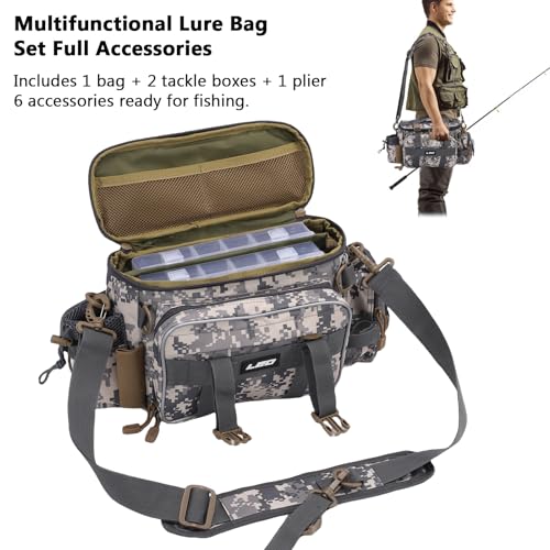 Fishing Tackle Bag with 2 Storage Boxes - watertight Shoulder Bag with Adjustable Straps, 23-Tray Organizer for Lures, Hooks & Fishing Gear Accessories (Camo) - color: Camo