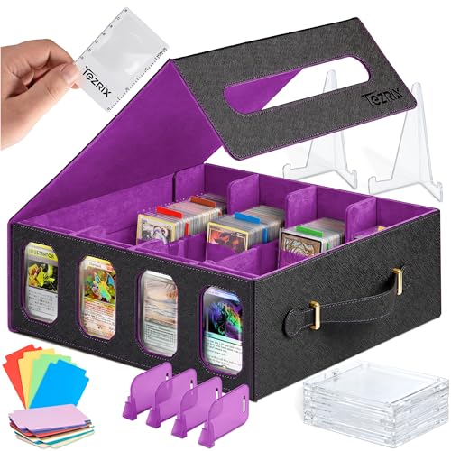 4-row Trading Card Storage Box with Display Windows | Magnifier Ruler, 2 Display Stands, 7 Cardholders & 24 Category Tabs Included | 3000+ Card Case with Magnetic Closure, Black Purple Card Box - color: Black, Purple (4 Row)